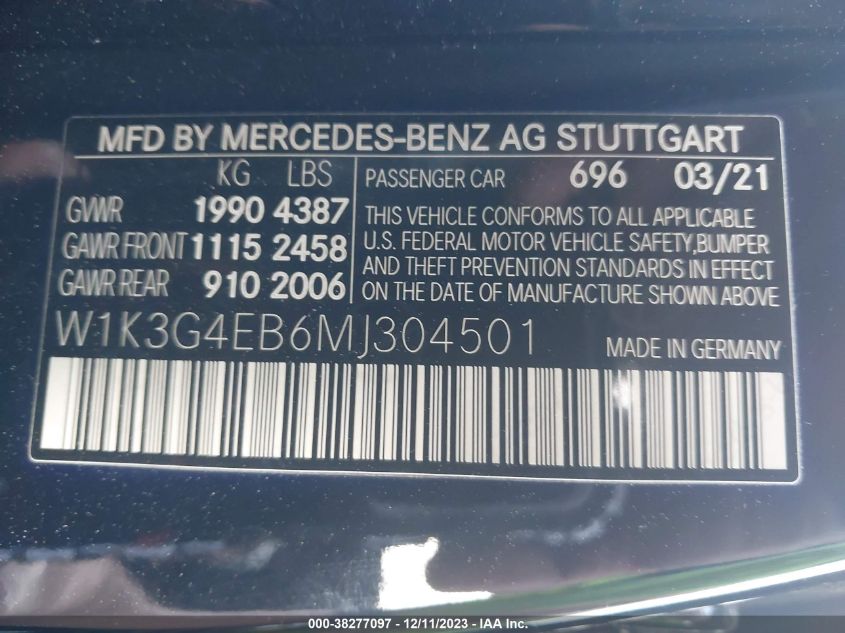 2021 Mercedes-Benz A 220 VIN: W1K3G4EB6MJ304501 Lot: 38277097