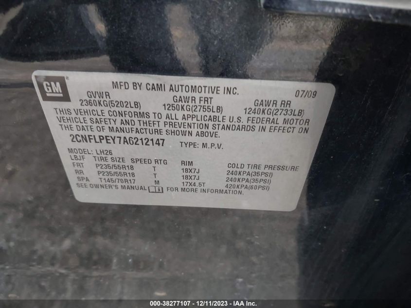 2CNFLPEY7A6212147 2010 Chevrolet Equinox Lt