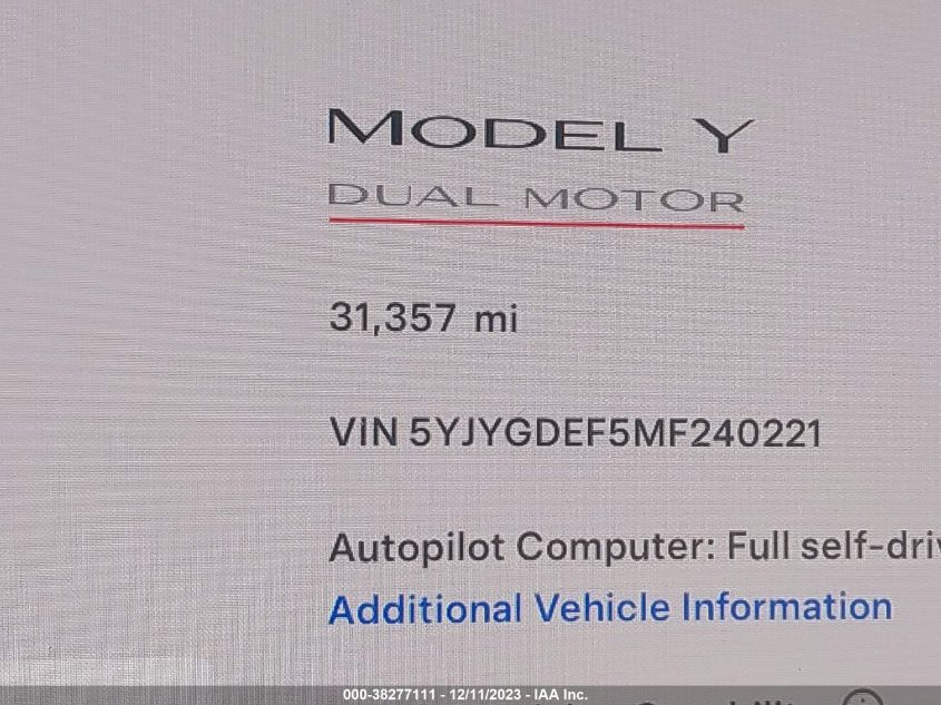 2021 Tesla Model Y Performance VIN: 5YJYGDEF5MF240221 Lot: 38277111