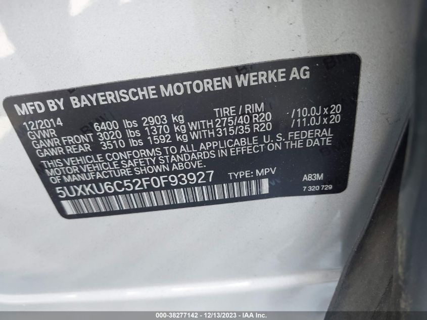 VIN 5UXKU6C52F0F93927 2015 BMW X6, Xdrive50I no.9