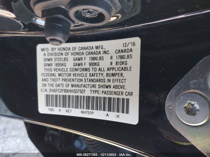 2HGFC2F8XHH507507 2017 Honda Civic Ex