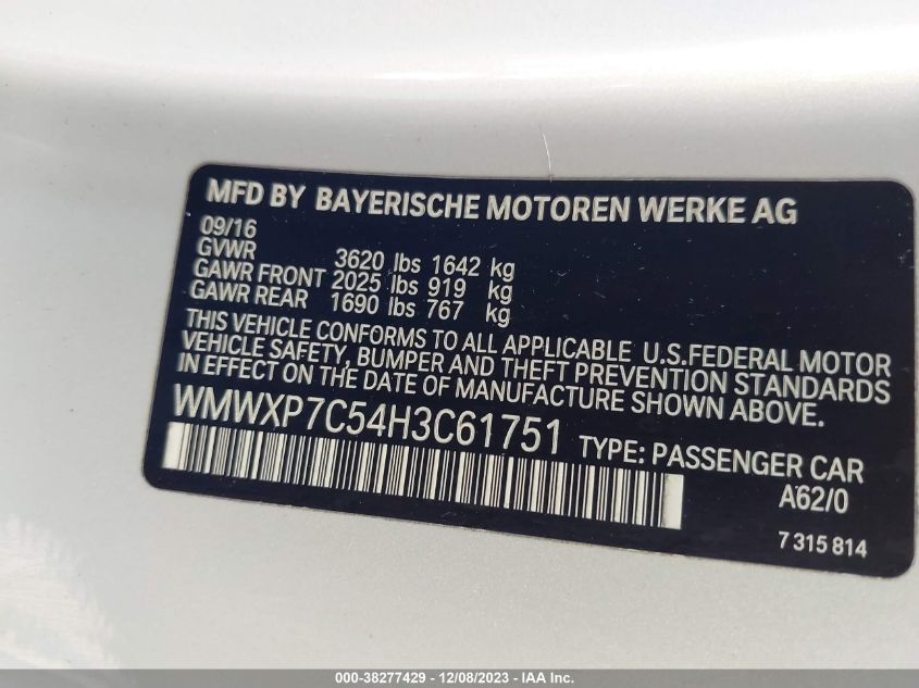 2017 Mini Hardtop 2 Door Cooper S VIN: WMWXP7C54H3C61751 Lot: 38277429