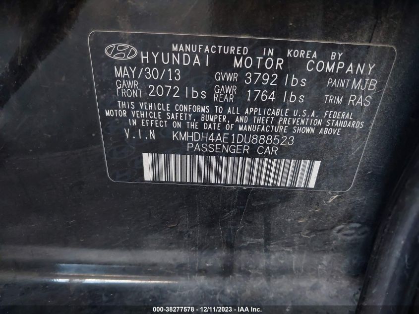 2013 Hyundai Elantra Gls Pzev VIN: KMHDH4AE1DU888523 Lot: 38277578