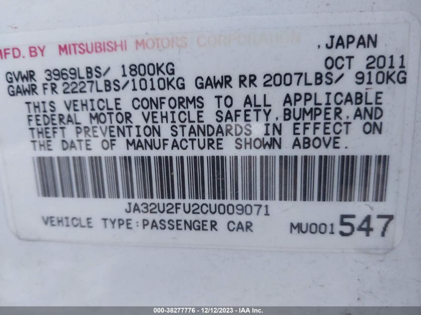 2012 Mitsubishi Lancer Es VIN: JA32U2FU2CU009071 Lot: 38277776