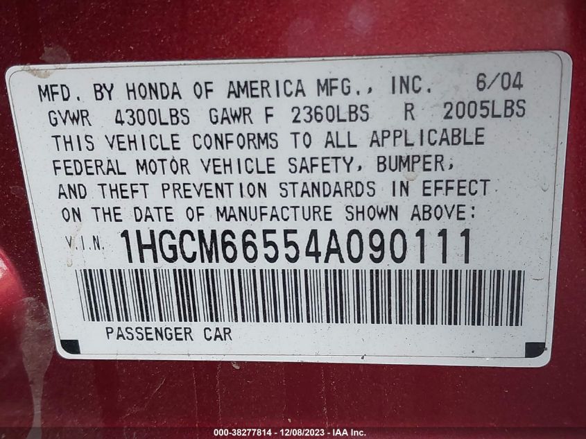 2004 Honda Accord Sdn Ex VIN: 1HGCM66554A090111 Lot: 38277814