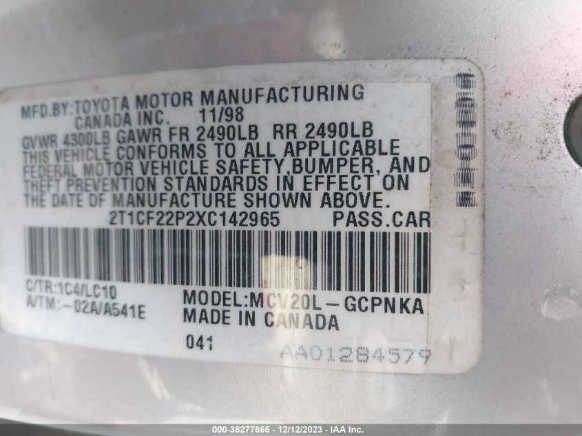 1999 Toyota Camry Solara Sle VIN: 2T1CF22P2XC142965 Lot: 38277865