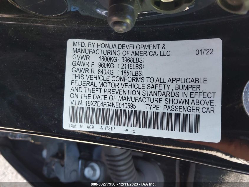 2022 Honda Insight Ex VIN: 19XZE4F54NE010595 Lot: 38277958