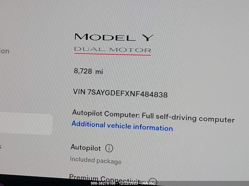 2022 Tesla Model Y Performance Dual Motor All-Wheel Drive VIN: 7SAYGDEFXNF484838 Lot: 38278105