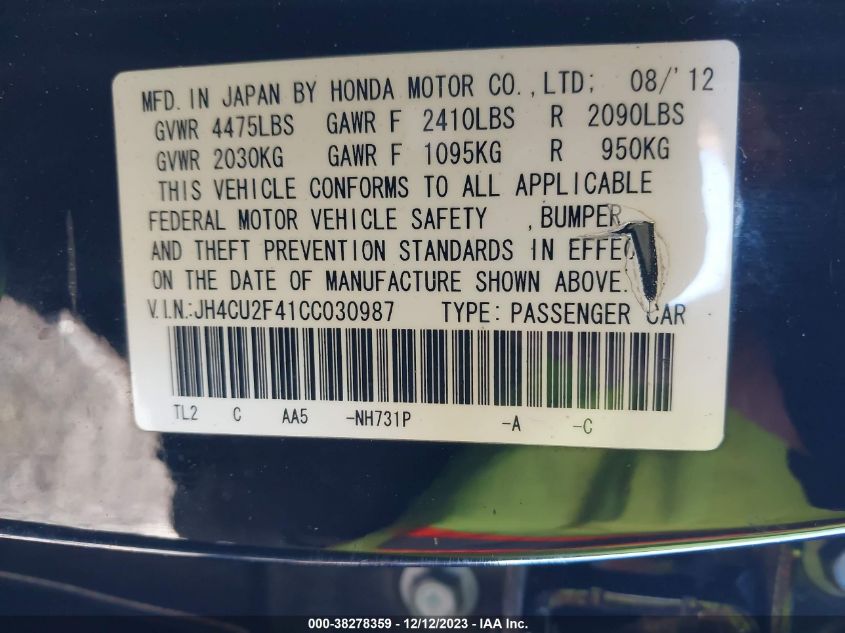 2012 Acura Tsx 2.4 A5 VIN: JH4CU2F41CC030987 Lot: 38278359