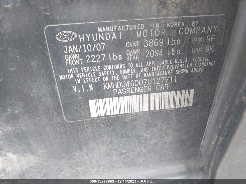 2007 Hyundai Elantra Gls/Limited/Se VIN: KMHDU46D07U127711 Lot: 38278863