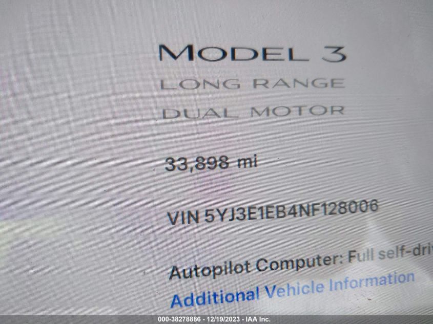 2022 Tesla Model 3 Long Range Dual Motor All-Wheel Drive VIN: 5YJ3E1EB4NF128006 Lot: 38278886