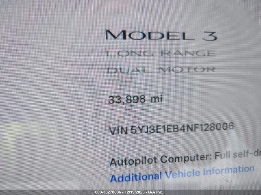 2022 Tesla Model 3 Long Range Dual Motor All-Wheel Drive VIN: 5YJ3E1EB4NF128006 Lot: 38278886