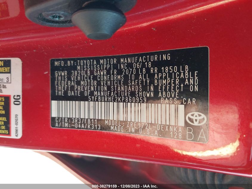 5YFBURHE2KP860959 2019 Toyota Corolla Le