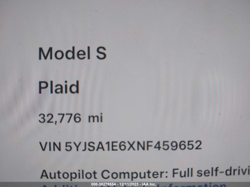 2022 Tesla Model S Plaid Tri Motor All-Wheel Drive VIN: 5YJSA1E6XNF459652 Lot: 38279554