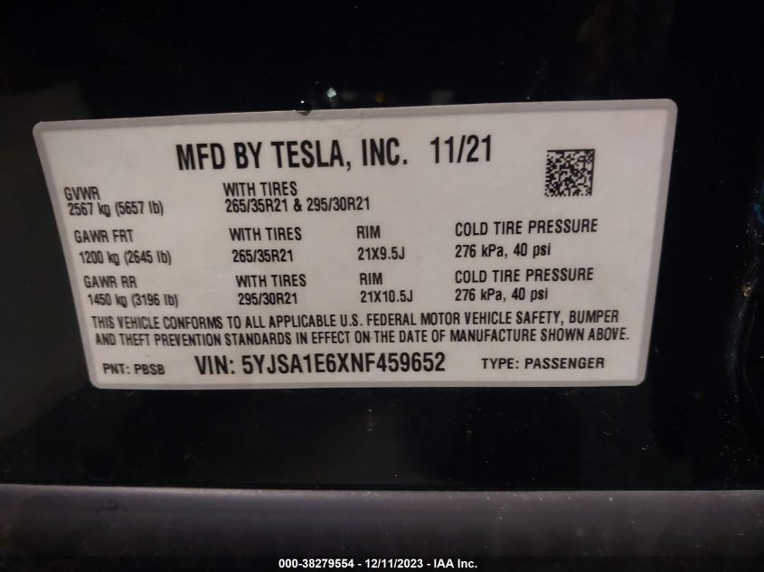 2022 Tesla Model S Plaid Tri Motor All-Wheel Drive VIN: 5YJSA1E6XNF459652 Lot: 38279554