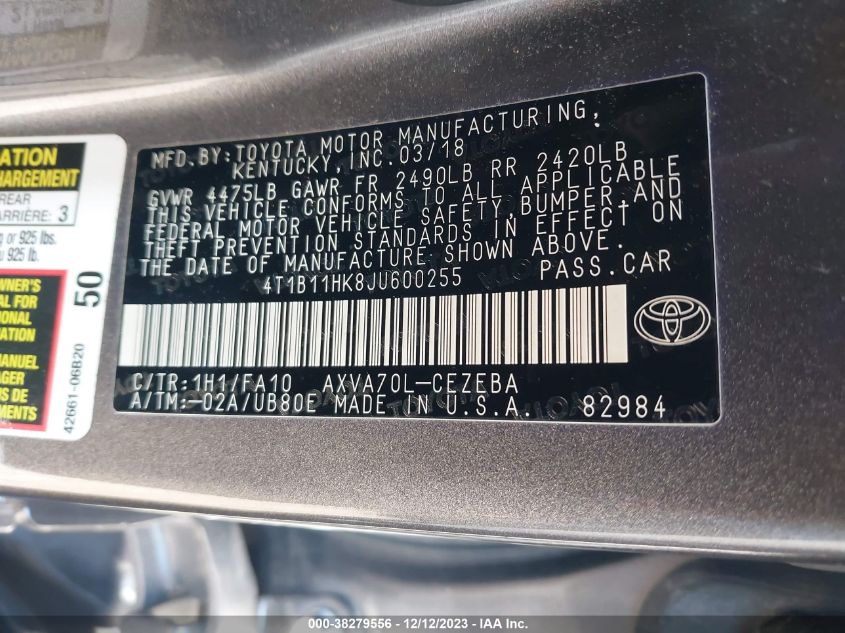 4T1B11HK8JU600255 2018 Toyota Camry L