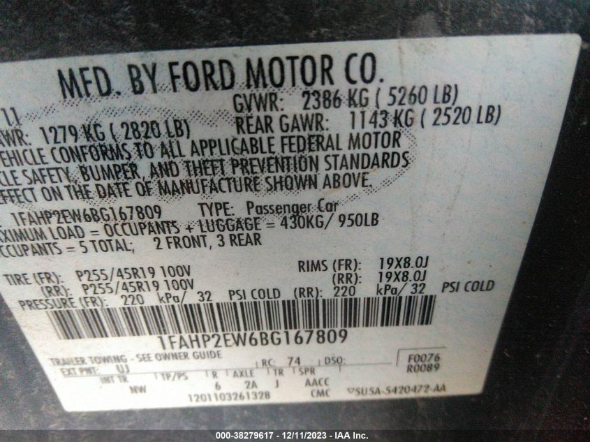 2011 Ford Taurus Sel VIN: 1FAHP2EW6BG167809 Lot: 38279617