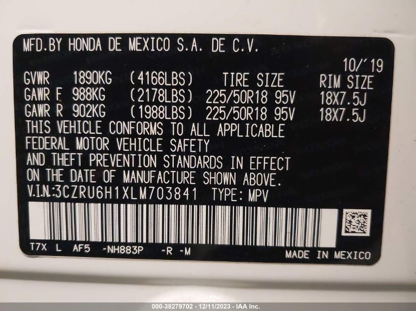 2020 Honda Hr-V Sport VIN: 3CZRU6H1XLM703841 Lot: 38279702