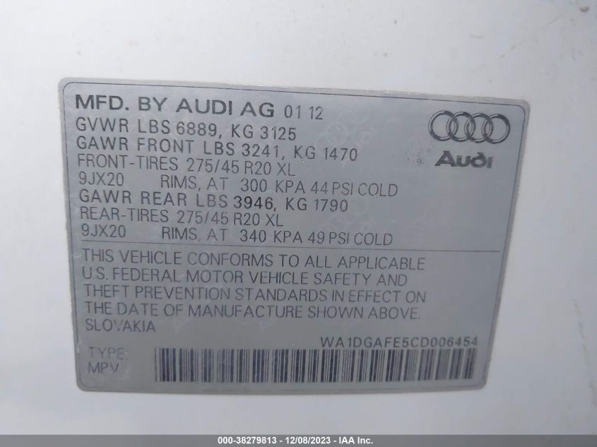 2012 Audi Q7 Prestige VIN: WA1DGAFE5CD006454 Lot: 38279813