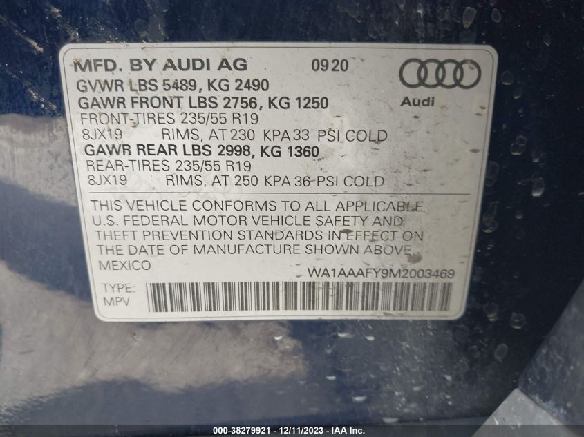 2021 Audi Q5 Premium VIN: WA1AAAFY9M2003469 Lot: 38279921