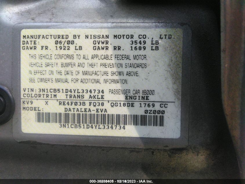 2000 Nissan Sentra Gxe/Xe VIN: 3N1CB51D4YL334734 Lot: 38280405