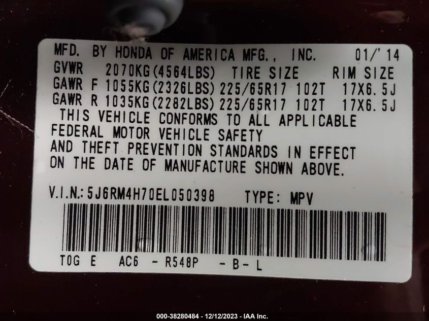 2014 Honda Cr-V Ex-L VIN: 5J6RM4H70EL050398 Lot: 38280484