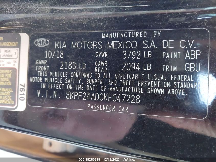 3KPF24AD0KE047228 2019 Kia Forte Lxs