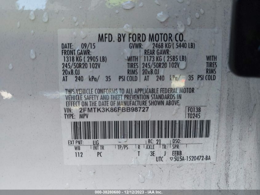 2FMTK3K86FBB98727 2015 Ford Edge Titanium