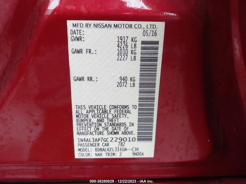2016 NISSAN ALTIMA VIN: 1N4AL3AP7GC229010
