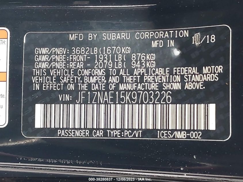 2019 Toyota 86 Gt VIN: JF1ZNAE15K9703226 Lot: 38280837