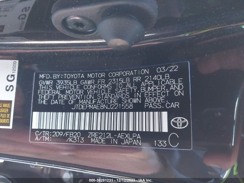 JTDEPMAE8NJ221558 2022 Toyota Corolla Le