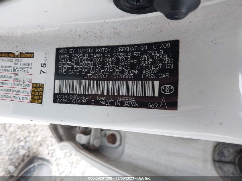 2008 Toyota Prius Base Cvt-E VIN: JTDKB20U183378503 Lot: 38281298