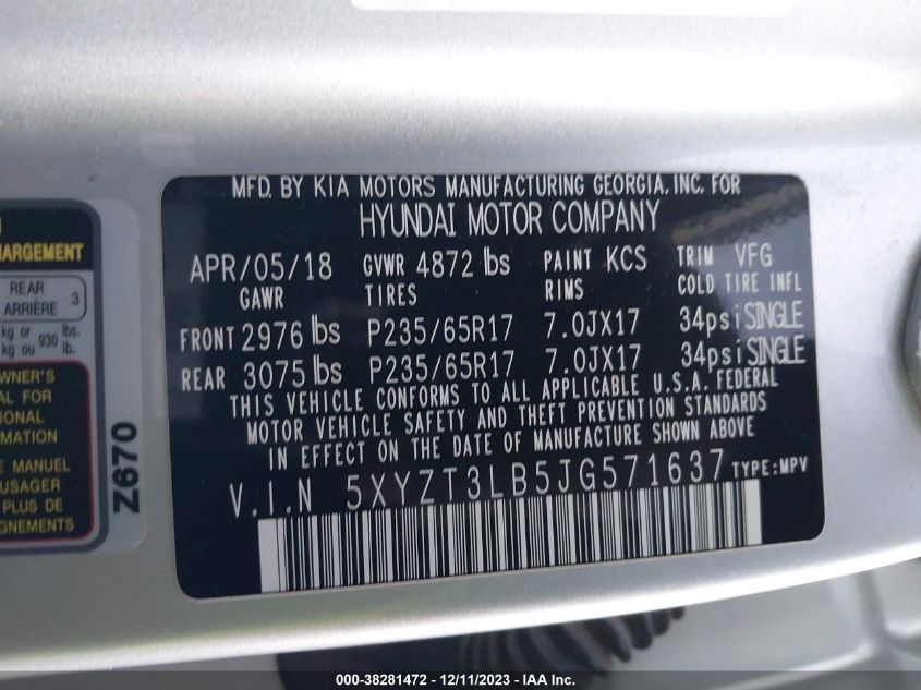 5XYZT3LB5JG571637 2018 Hyundai Santa Fe Sport 2.4L