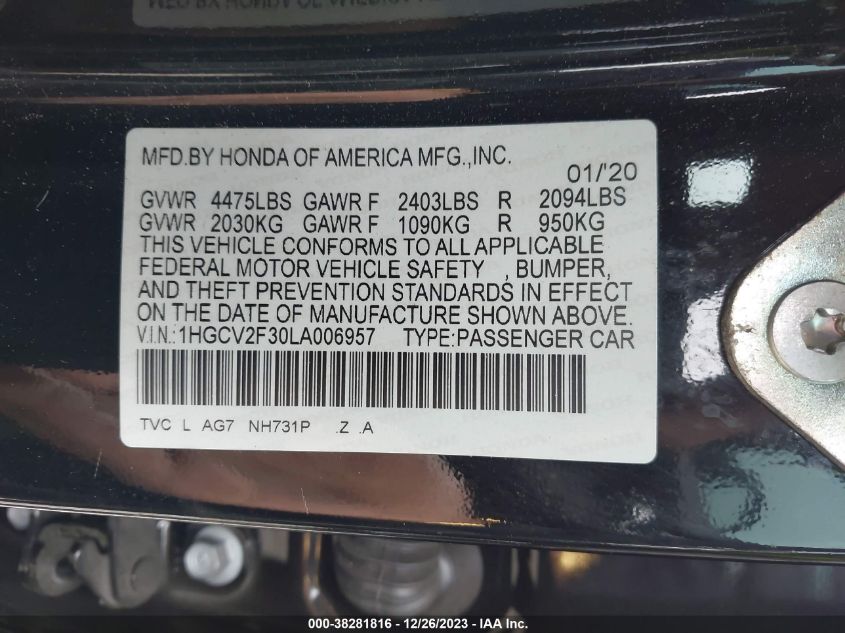 1HGCV2F30LA006957 2020 Honda Accord Sport 2.0T