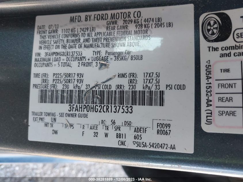 3FAHP0HG2CR137533 2012 Ford Fusion Se