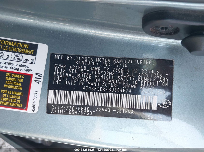 2011 TOYOTA CAMRY VIN: 4T1BF3EK4BU684674