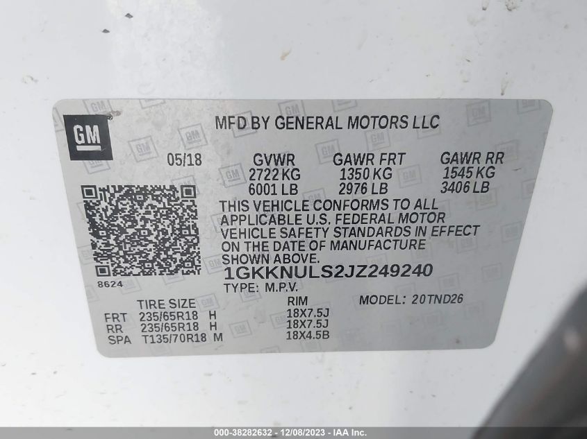 2018 GMC Acadia Slt-1 VIN: 1GKKNULS2JZ249240 Lot: 38282632