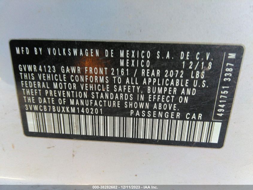 2019 Volkswagen Jetta S/Se/R-Line VIN: 3VWCB7BUXKM140201 Lot: 38282682