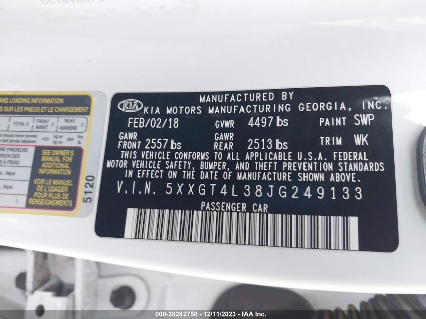 5XXGT4L38JG249133 2018 Kia Optima Lx