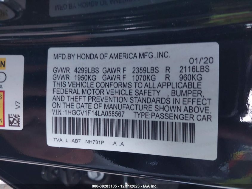 2020 Honda Accord Lx VIN: 1HGCV1F14LA058567 Lot: 38283105