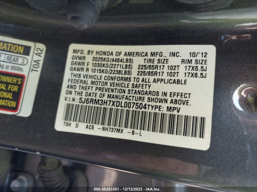 5J6RM3H7XDL007504 2013 Honda Cr-V Ex-L