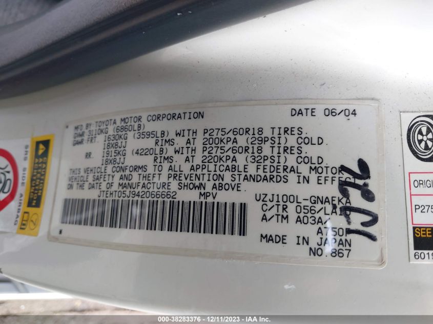 2004 Toyota Land Cruiser VIN: JTEHT05J942066662 Lot: 38283376