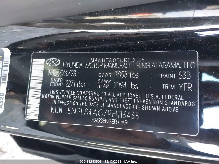 2023 Hyundai Elantra Sel VIN: 5NPLS4AG7PH113435 Lot: 38283508