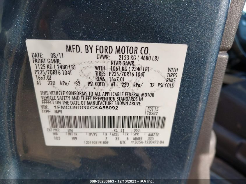 1FMCU9DGXCKA56092 2012 Ford Escape Xlt