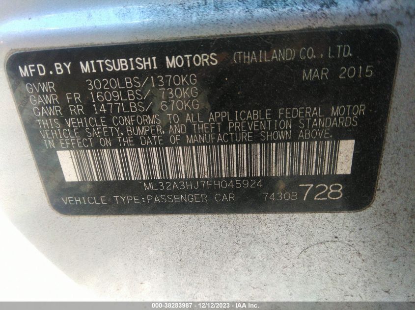 2015 Mitsubishi Mirage De VIN: ML32A3HJ7FH045924 Lot: 38283987