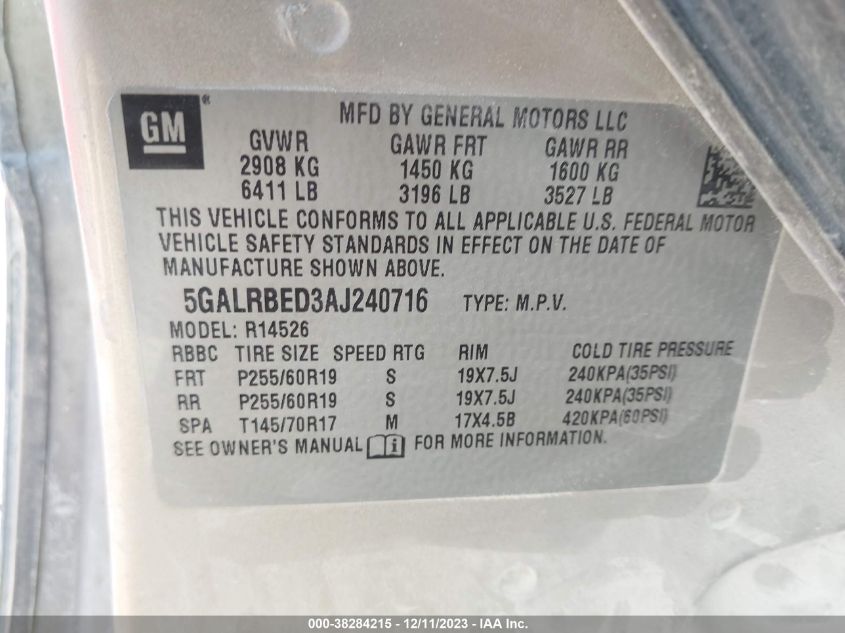 2010 Buick Enclave 1Xl VIN: 5GALRBED3AJ240716 Lot: 38284215