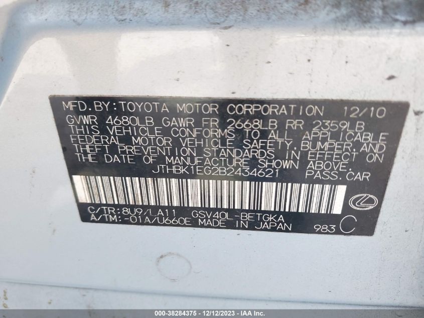 2011 Lexus Es 350 VIN: JTHBK1EG2B2434621 Lot: 38284375