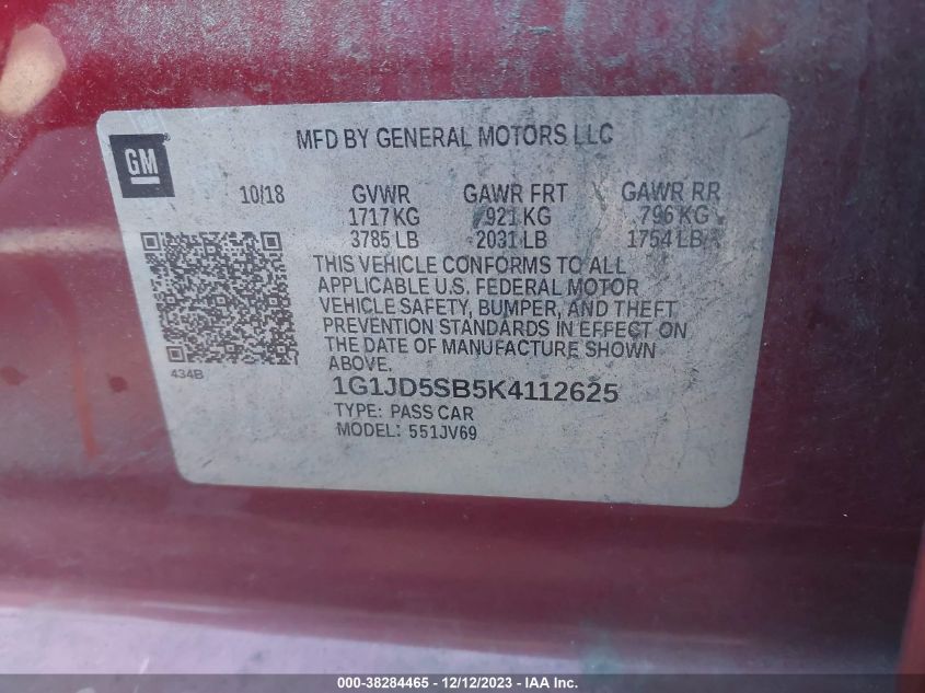 2019 Chevrolet Sonic Lt Auto VIN: 1G1JD5SB5K4112625 Lot: 38284465