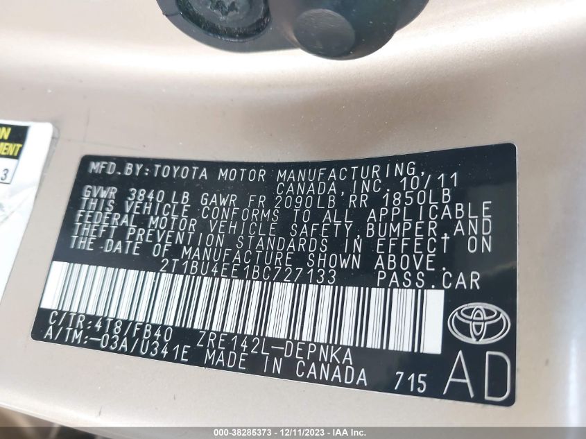 2011 Toyota Corolla S/Le VIN: 2T1BU4EE1BC727133 Lot: 38285373