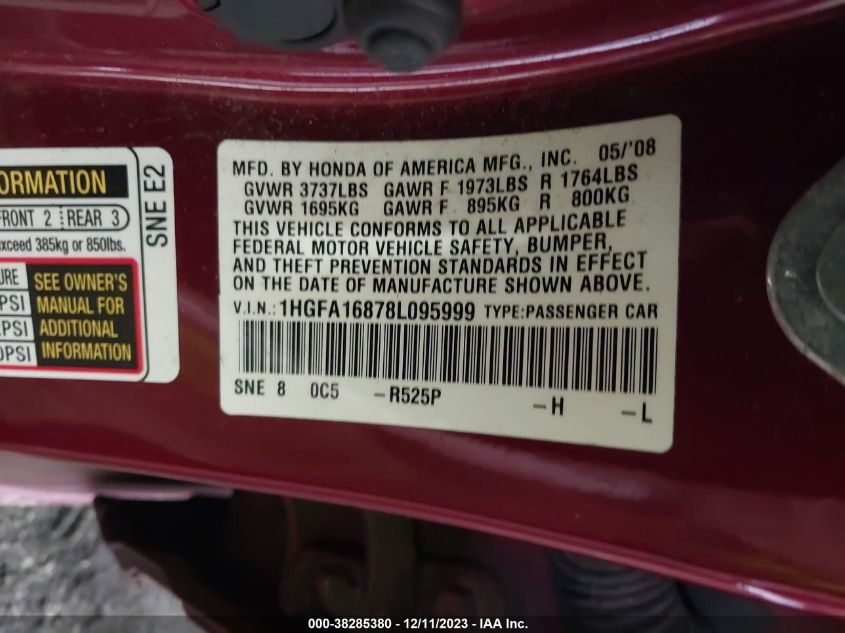 1HGFA16878L095999 2008 Honda Civic Ex